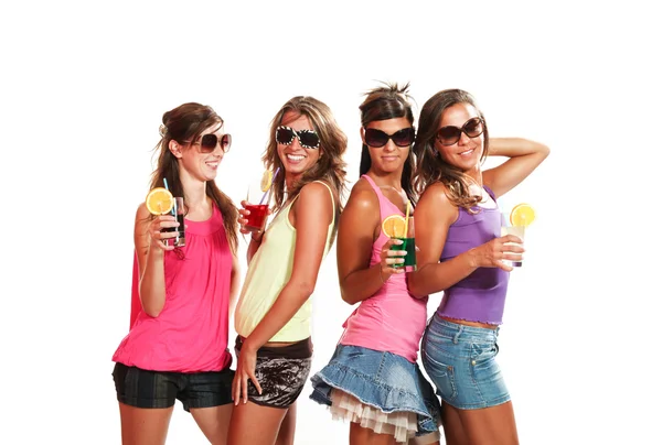 Four girls fun with a drink — Stock Photo, Image