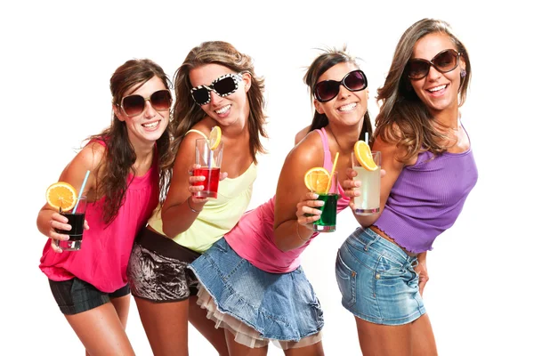 Four girls fun with a drink — Stock Photo, Image