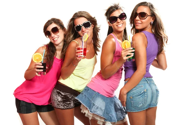 Four girls fun with a drink — Stock Photo, Image