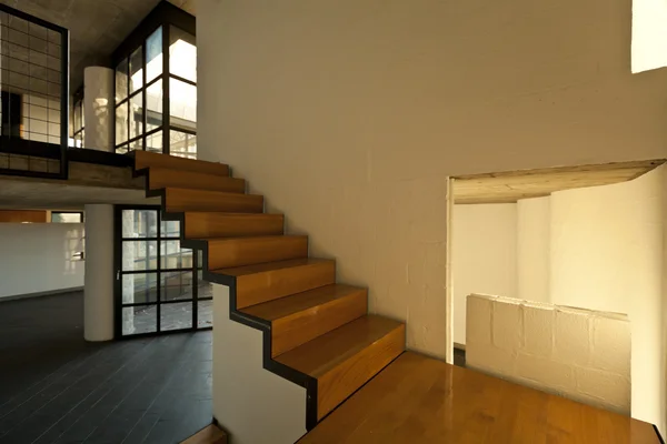 Interior modern villa, wooden staircase — Stock Photo, Image