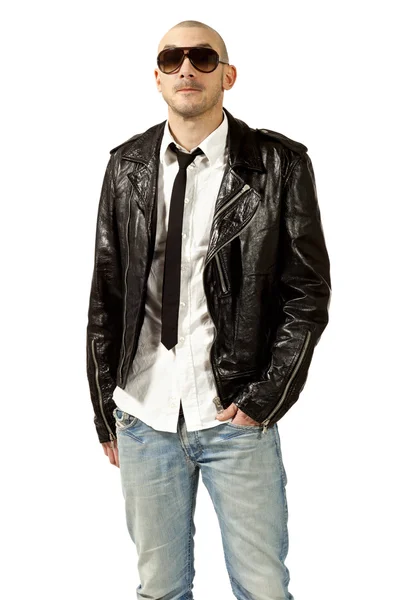 Retrato de homem com jaqueta de couro preto — Fotografia de Stock