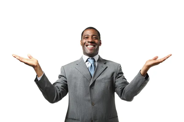 Black businessman raised his hands — Stock Photo, Image