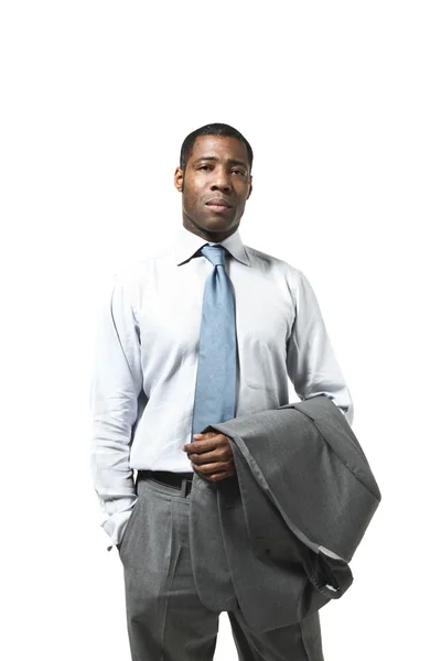 Černý podnikatel s nástrojem suit v ruce — Stock fotografie