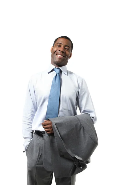 Hombre de negocios negro con traje en la mano — Foto de Stock