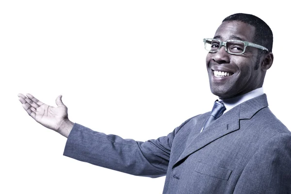 Hombre de negocios negro con gafas apuntando —  Fotos de Stock