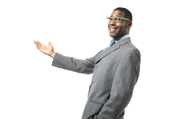 Black businessman  with glasses  pointing — Stock Photo, Image