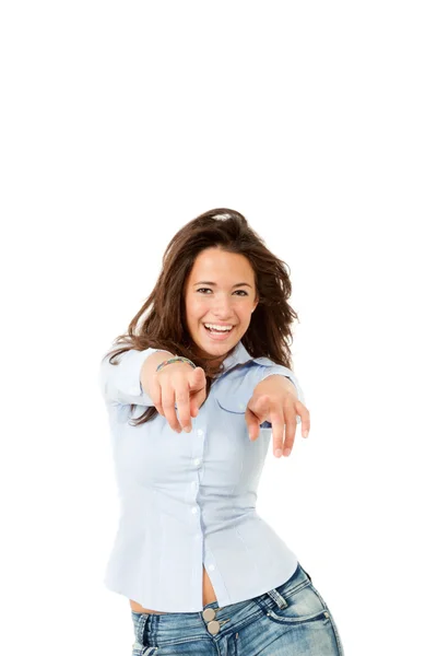Pretty girl pointing on something — Stock Photo, Image