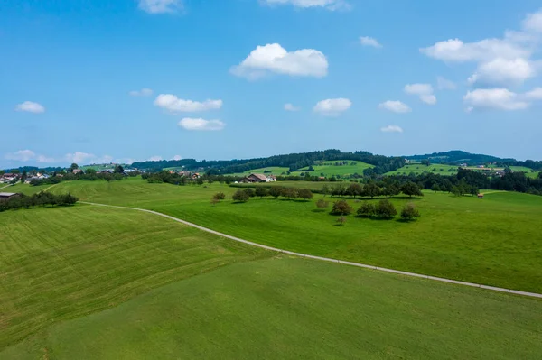 Панорамный Вид Воздуха Зеленые Швейцарские Холмы Летний День Голубым Небом — стоковое фото