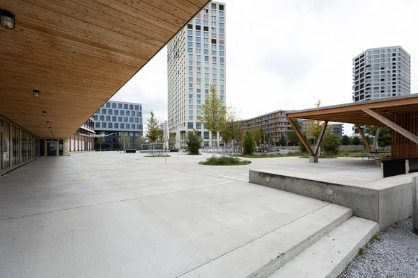 Paisagem Urbana Zurique Com Telhado Madeira Moderna Arranha Céus Distância — Fotografia de Stock