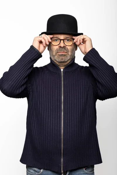 Portrait Middle Aged Man Glasses Bowler Hat Glasses Wearing Dark — Stock Photo, Image