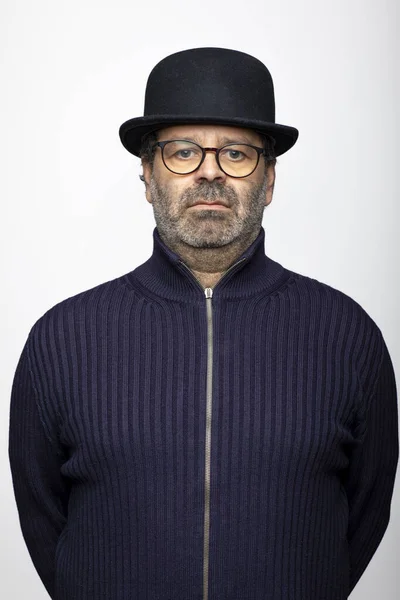 Porträt Eines Mannes Mittleren Alters Mit Brille Melone Und Runder — Stockfoto