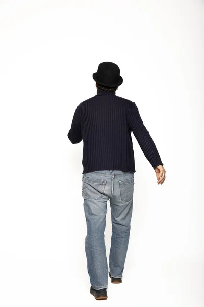 Man Walks Wearing Blue Sweater Jeans Bowler Hat Isolated White — Stock Photo, Image