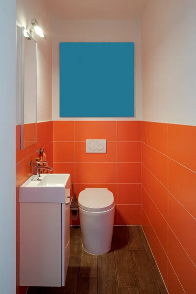 シンク ミラー トイレ付きの非常に小さなバスルームのフロントビュー とてもカラフルで誰もいない — ストック写真