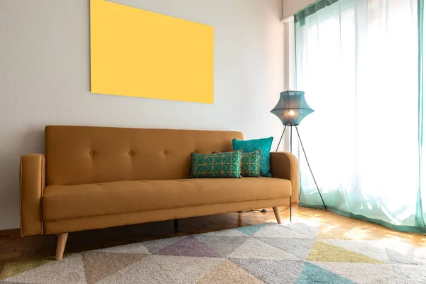 Mustard Sofa Detail Turquoise Cushions Modern Lamp Painting Wall Nobody — Stock Photo, Image