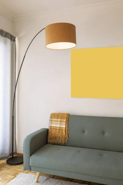 Grey Sofa Detail Yellow Cushions Modern Lamp Painting Wall Nobody — Stock Photo, Image