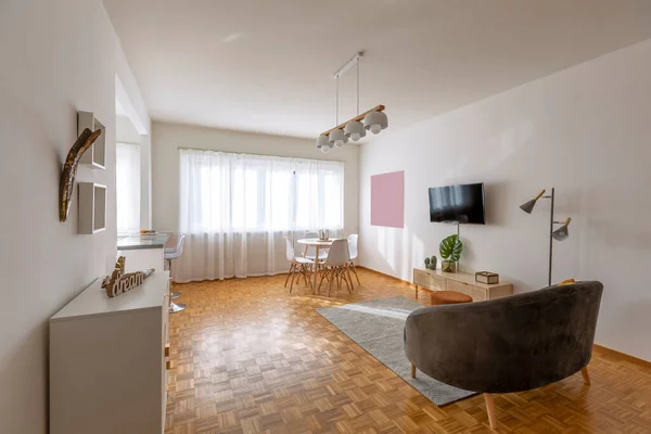 Ruang Tamu Dengan Sofa Kain Atas Karpet Lemari Dengan Tergantung — Stok Foto