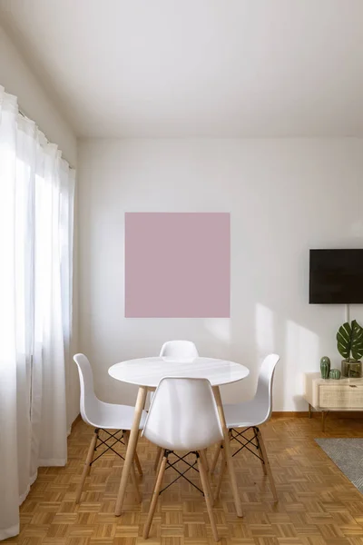 Table Detail White Chairs Wooden Legs Table Pink Frame Parquet — Stock Photo, Image