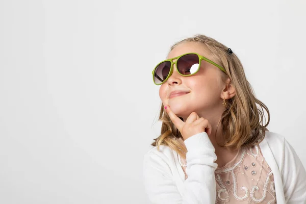 Little Young Teen Girl Posing Mischievously Studio Background White She — Stok fotoğraf