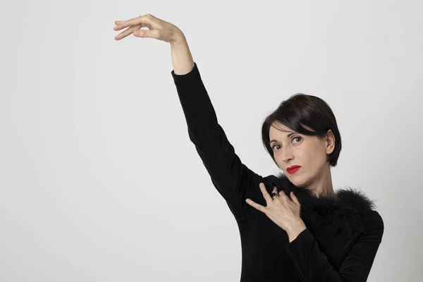 Portrait Elegant Woman Dressed Black White Background She Raises Arm — Foto de Stock