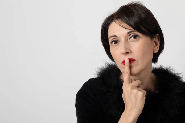 Portrait Beautiful Adult Woman Requesting Silence Simple Hand Finger Gesture — Stock Photo, Image