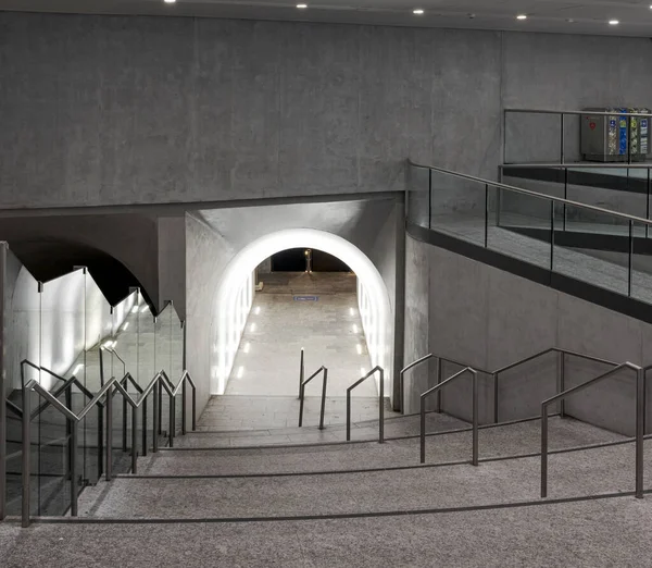 Underground Walkway Tunnel Stairs Swiss Railway Station Scene Illuminated Spotlights — Zdjęcie stockowe