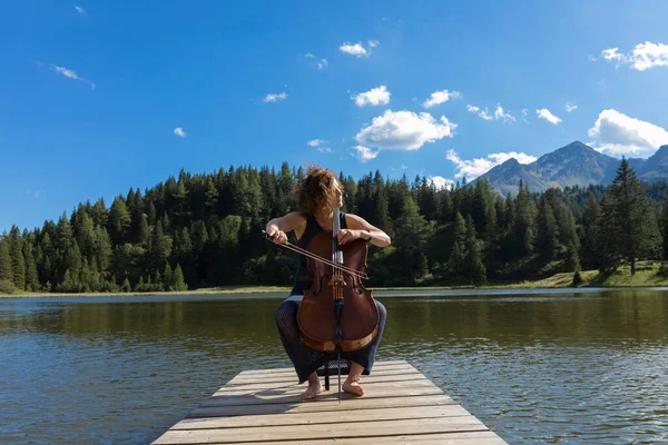 Polish Woman Musician Plays Her Cello Her Swiss Territory Sitting — Foto de Stock