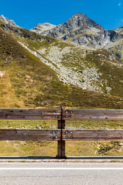 Front View Wooden Fence Protect Road Alpine Landscape Spluga Pass — Foto Stock