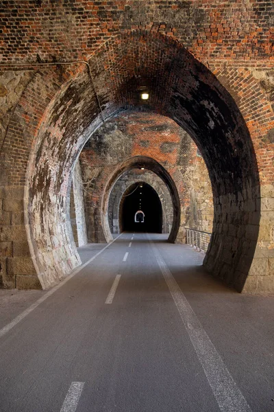 Cycle Path Liguria Built Old Train Route Tunnel Made Red — 图库照片