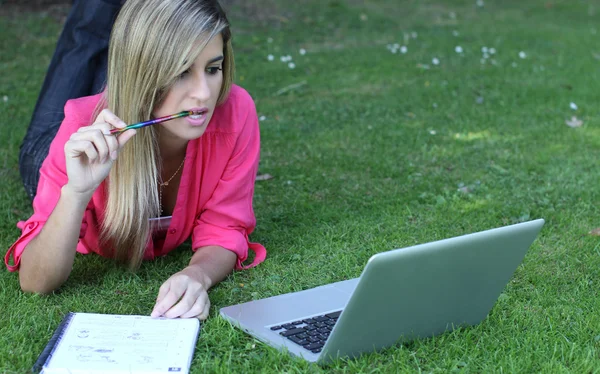 Young student outside in the park with computer and notebook