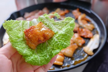 Geleneksel Kore barbekü yemeği, samgyupsal, mezeli domuz eti, kışın kamp yapmak için yiyecek..