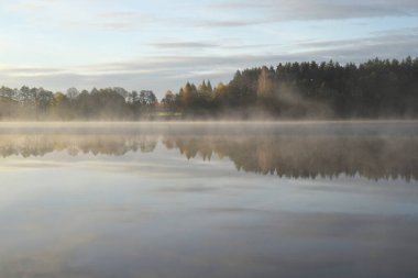 Sonbahar sabahı sisi ve göl
