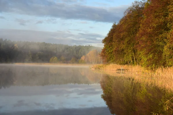 Jesienny Poranek Mgła Jezioro — Zdjęcie stockowe