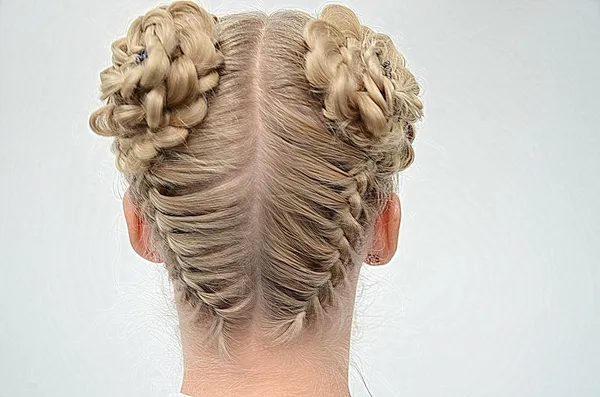 Blond Girl with cute Braids back view — Stock Photo, Image