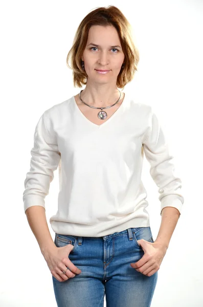 Portrait of slim girl looking at camera on white — Stock Photo, Image