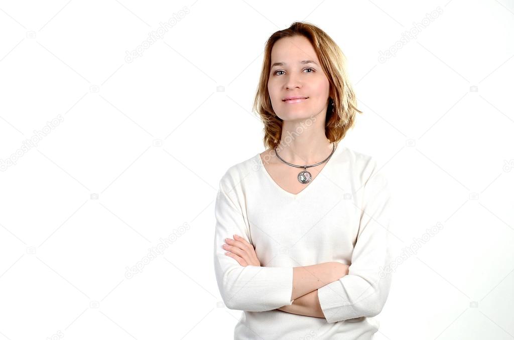 Happy girl with crossed arms on white background