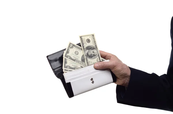 Handtasche mit Geld auf weißem Hintergrund — Stockfoto