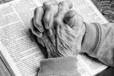 Yaşlı kadının ellerinde İncil