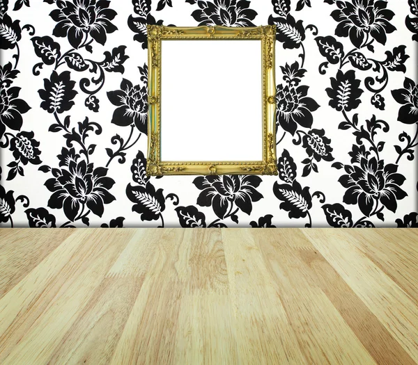 Golden frame at wall in imagination flower room — Stock Photo, Image