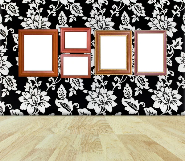 Wooden frame at wall in imagination flower room — Stock Photo, Image