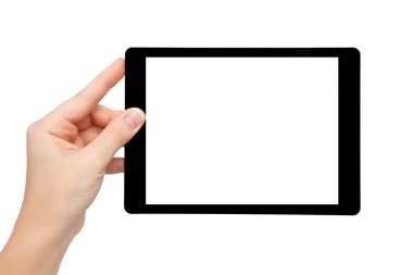 kadın elini tut mini tablet ile izole perde