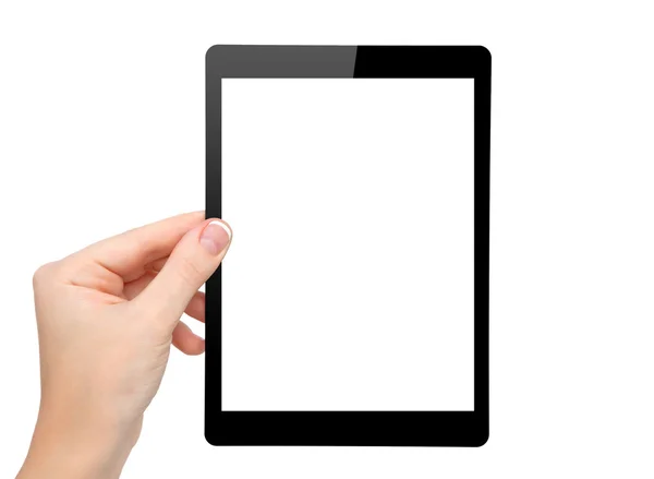 La mano de la mujer sostiene una mini tableta con pantalla aislada — Foto de Stock