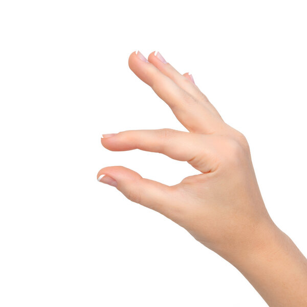 isolated woman hand shows pinch to zoom or holding object