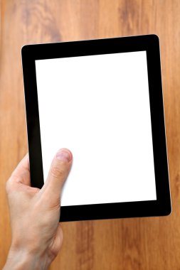 adam el bir tablet izole bir ekran ile tutarak