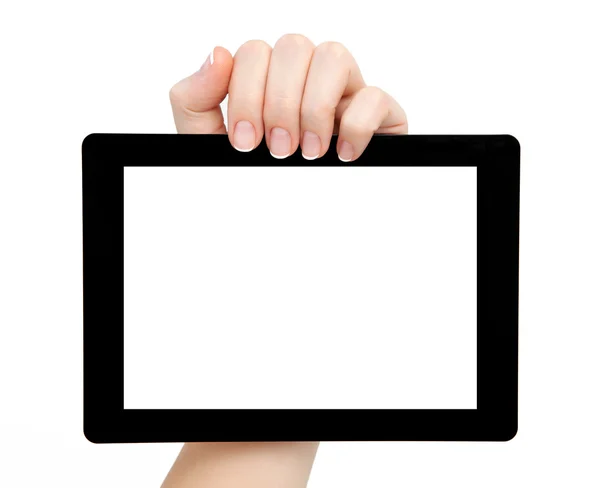 Kvinna hand håller en tablett med isolerade skärm — Stockfoto