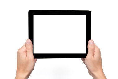 bir tablet dokunmatik bilgisayar becerikli alet ile izole scre erkekler ellerini tutun