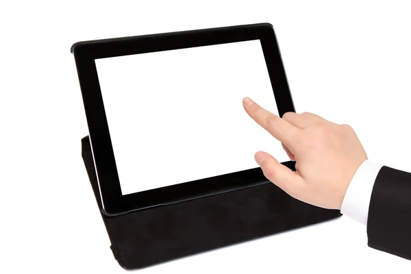 Tablet with isolated screen in black carrying case and businessm — Stock Photo, Image
