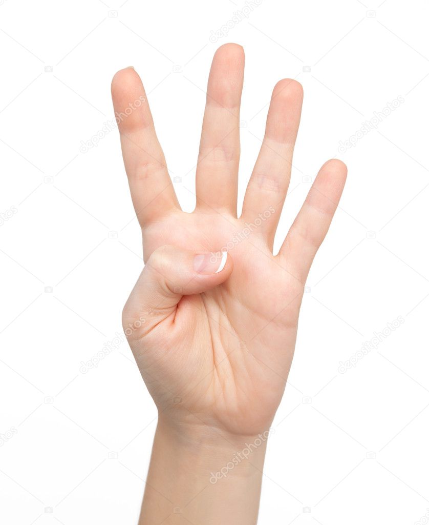isolated woman's hand shows the four