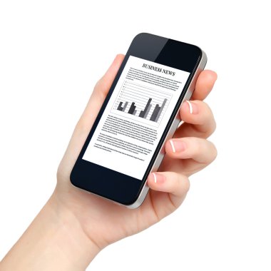 isolated female hand holds the phone with business news on scree clipart