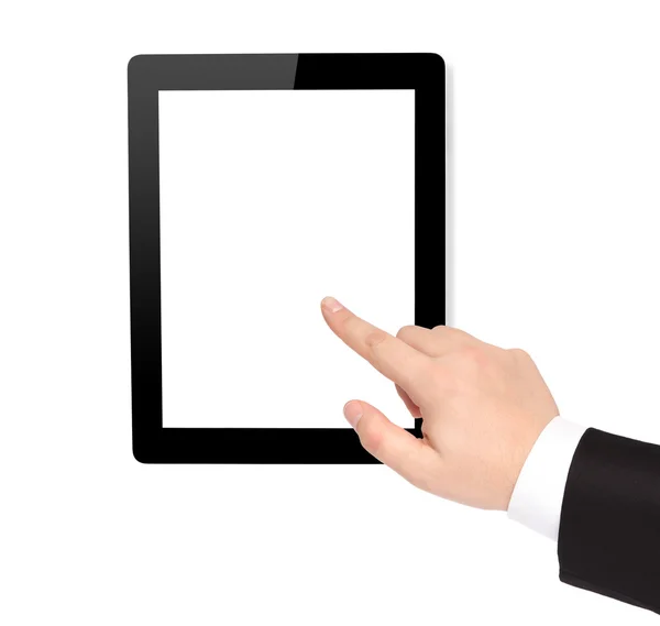 Isolated computer tablet and hand points to the screen — Stock Photo, Image