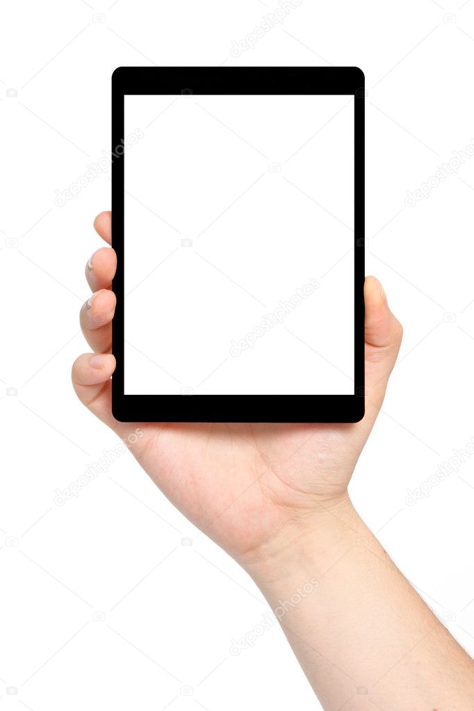 isolated man hand holding a tablet with isolated screen